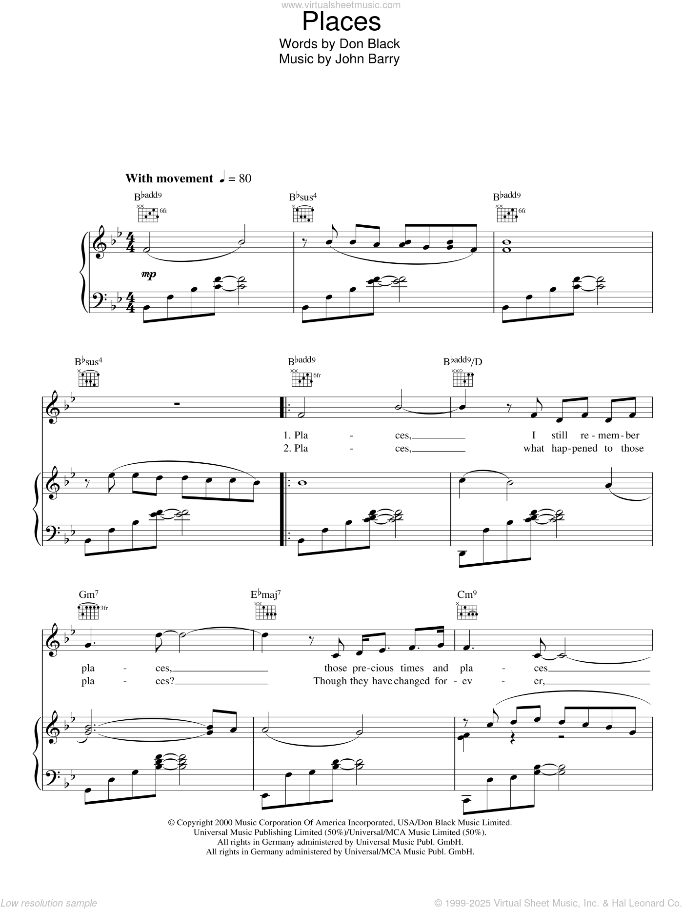 Places sheet music for voice, piano or guitar (PDF)