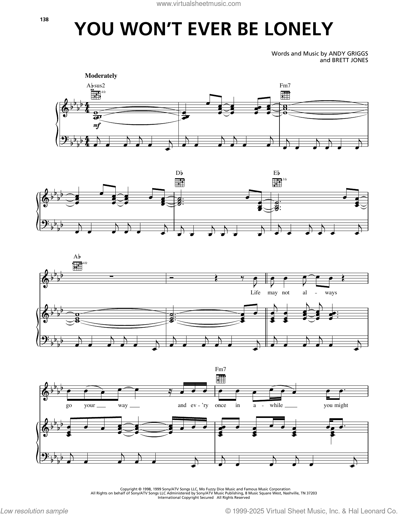 You Won't Ever Be Lonely sheet music for voice, piano or guitar