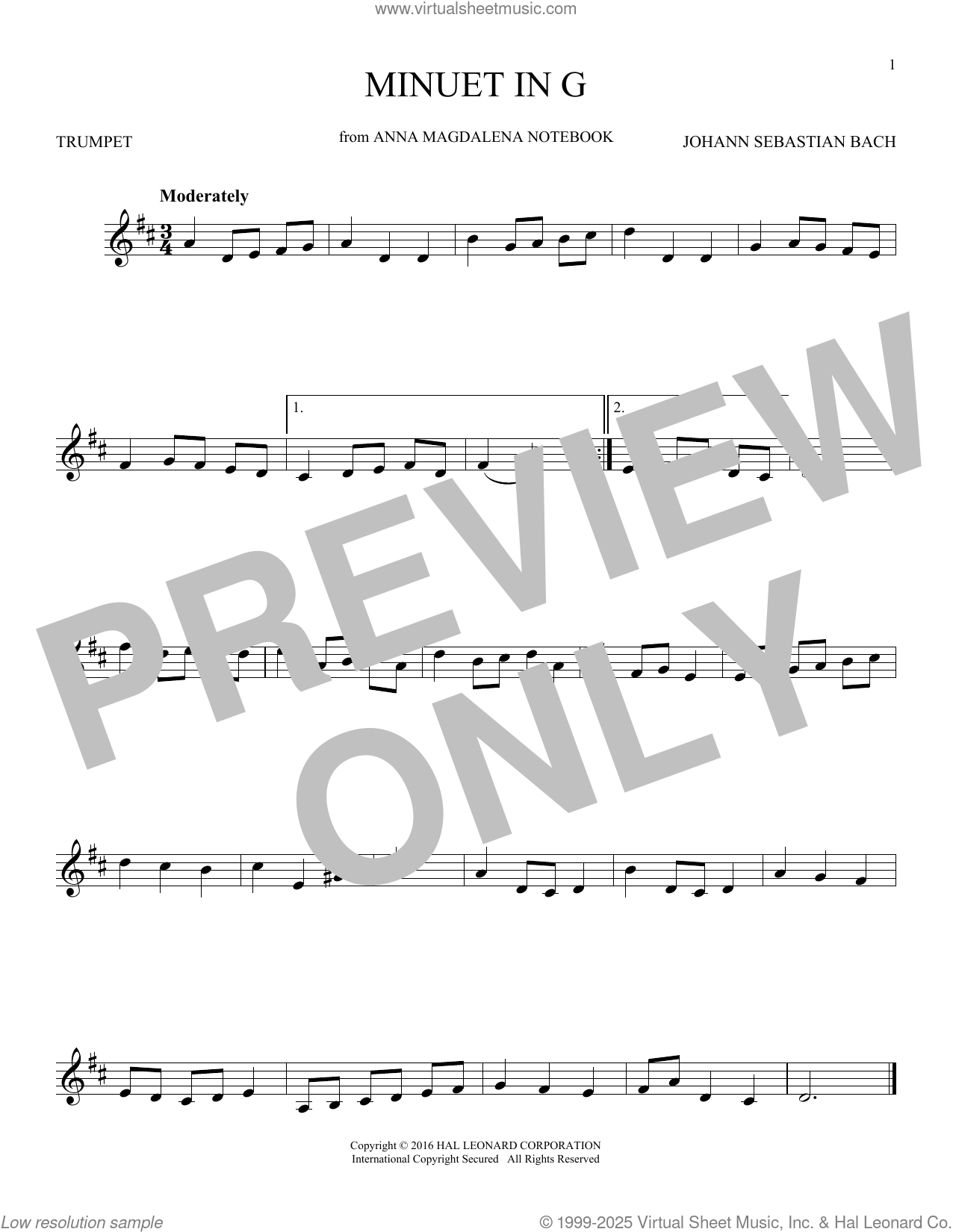 Minuet In G Major, BWV Anh. 114 sheet music for trumpet solo