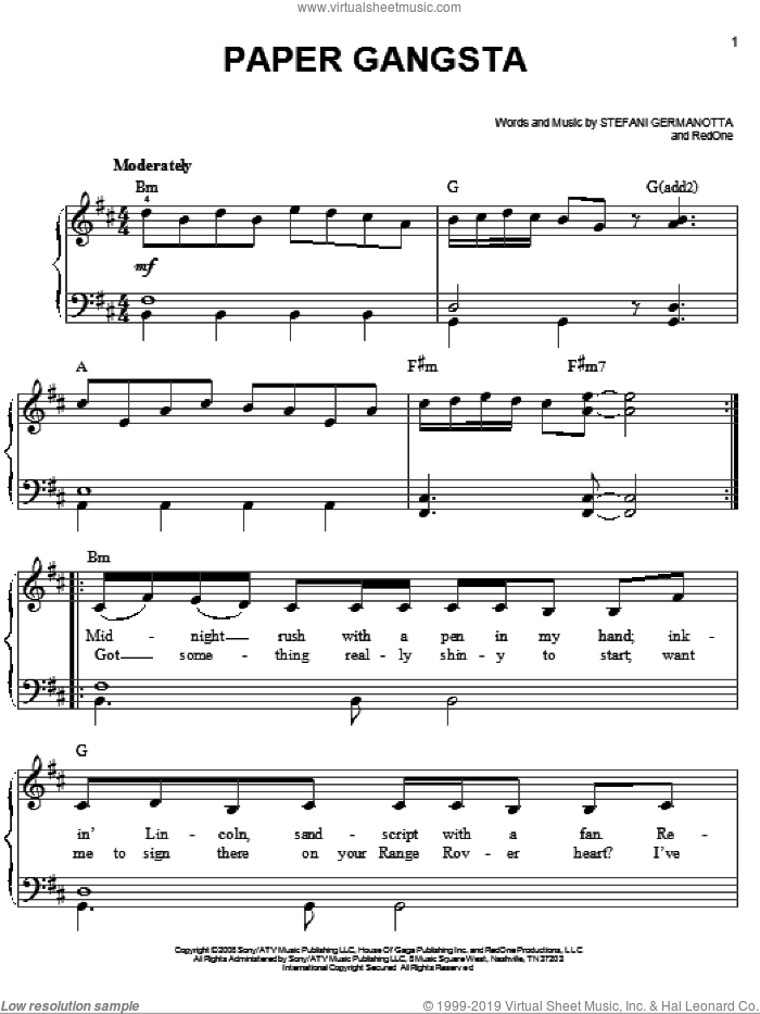 Paper Gangsta sheet music for piano solo (PDF-interactive)