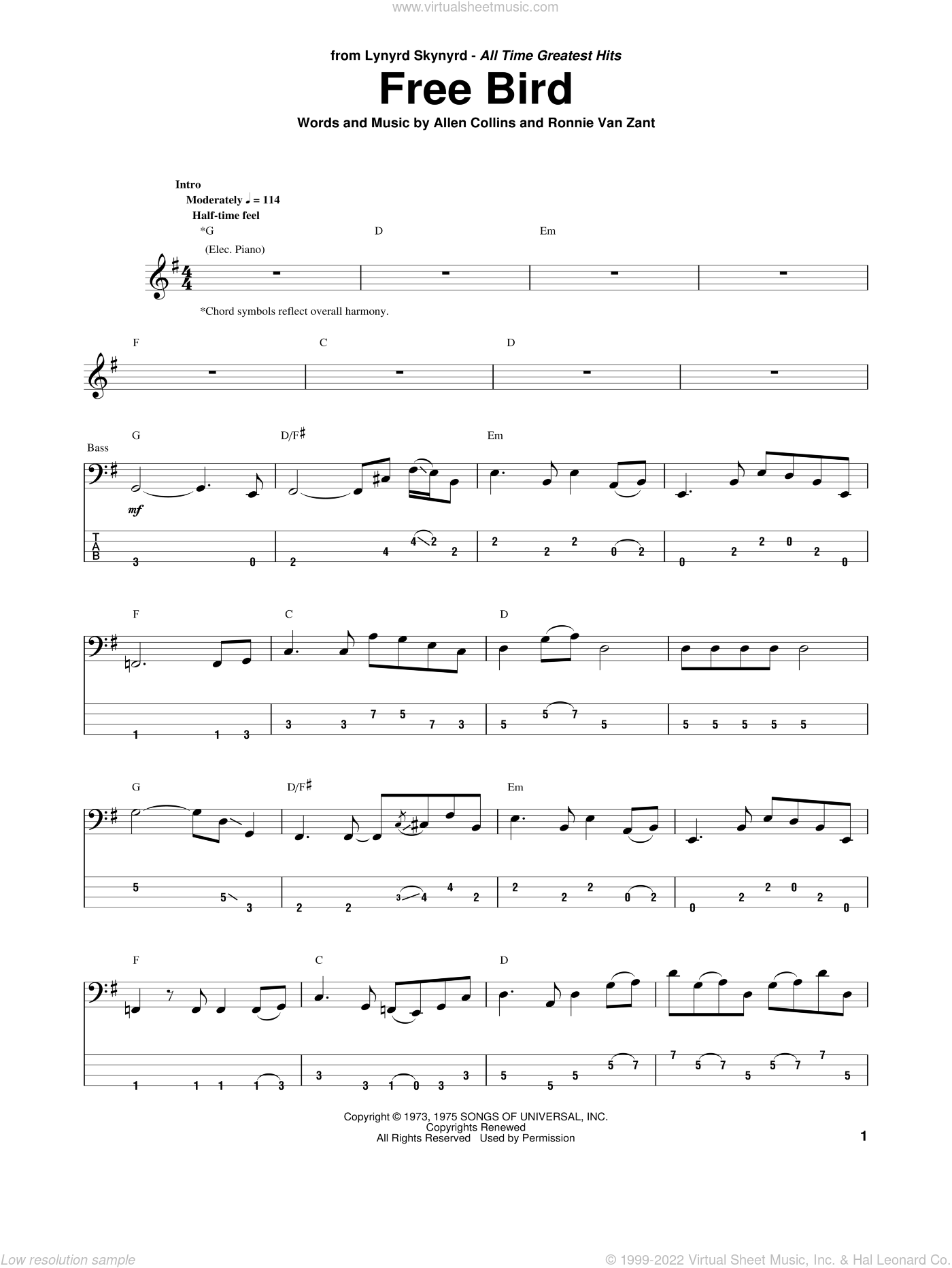 Skynyrd - Free Bird sheet music for bass (tablature) (bass guitar)