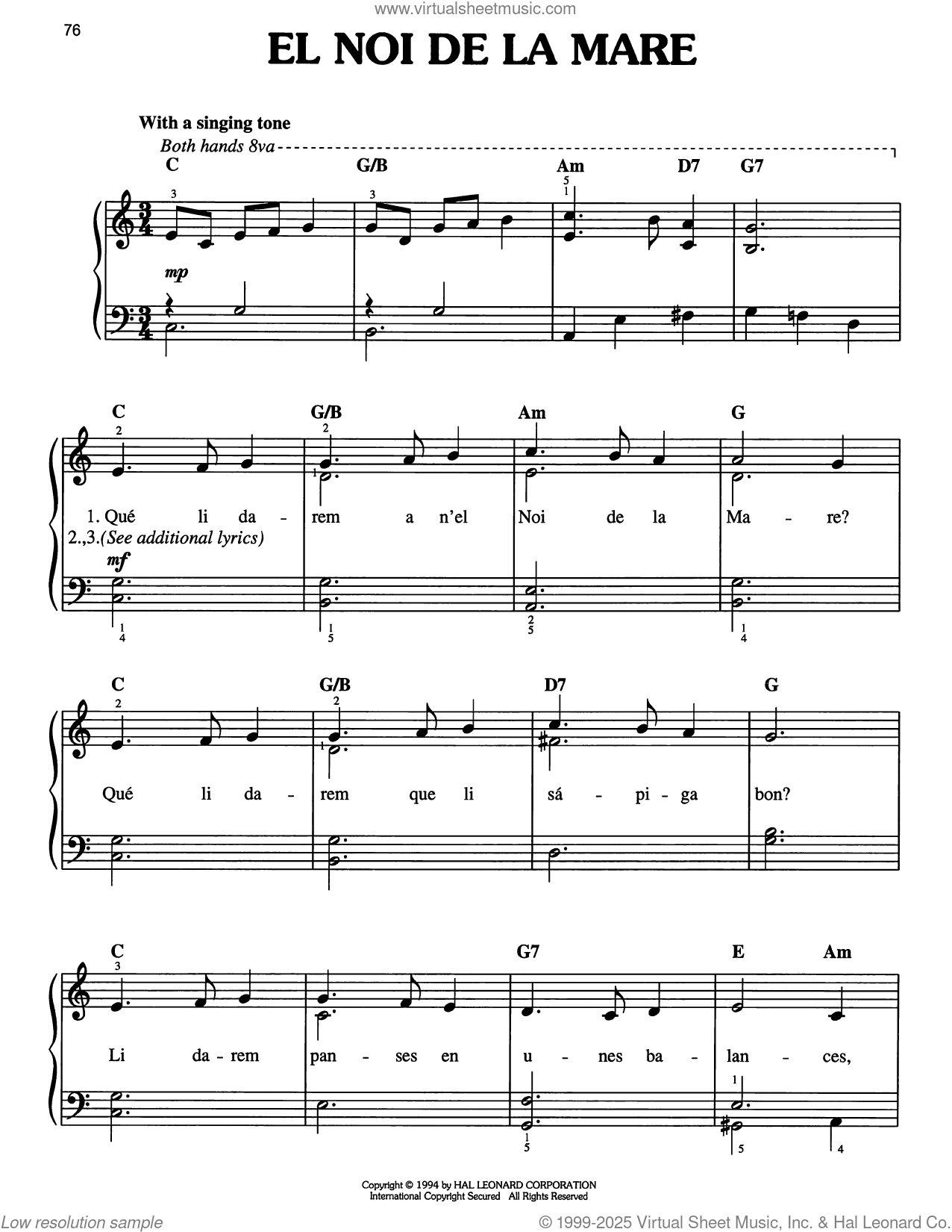 El Noi De La Mare (The Son Of Mary) sheet music for piano solo