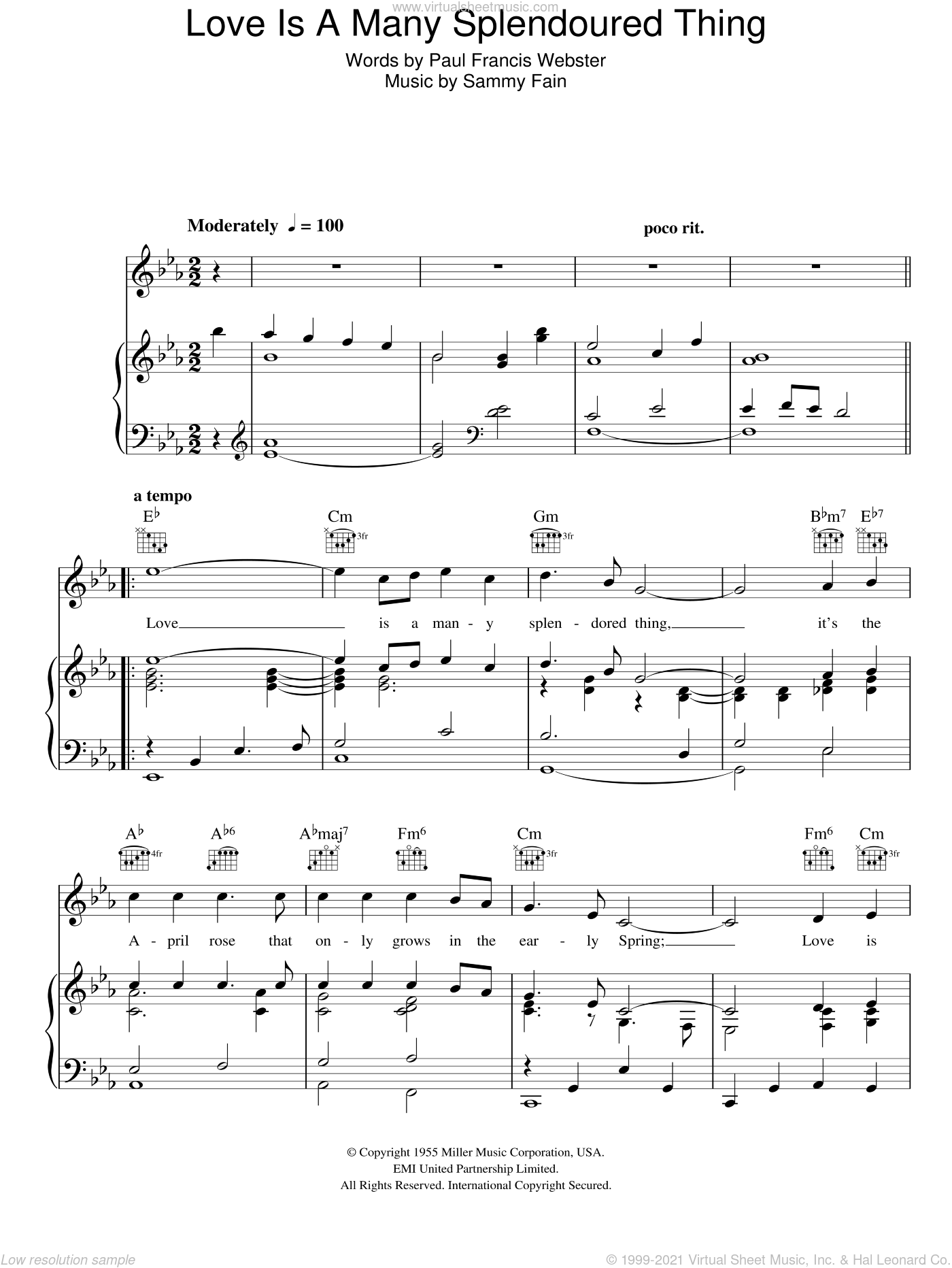 Fain Love Is A Many Splendoured Thing Sheet Music For Voice Piano Or Guitar