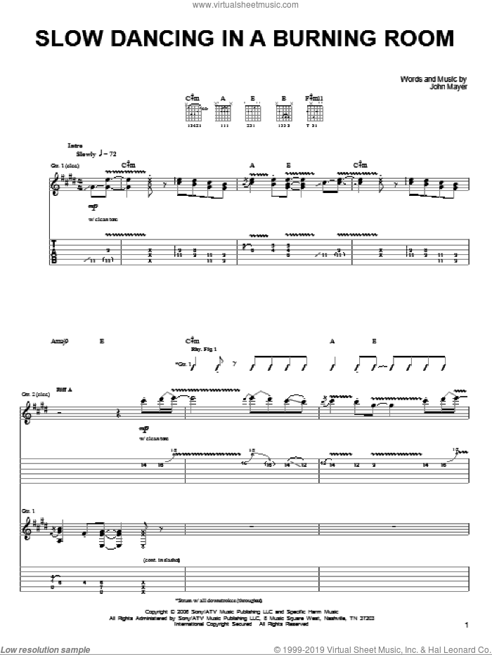 Mayer Slow Dancing In A Burning Room Sheet Music For Guitar Solo Chords