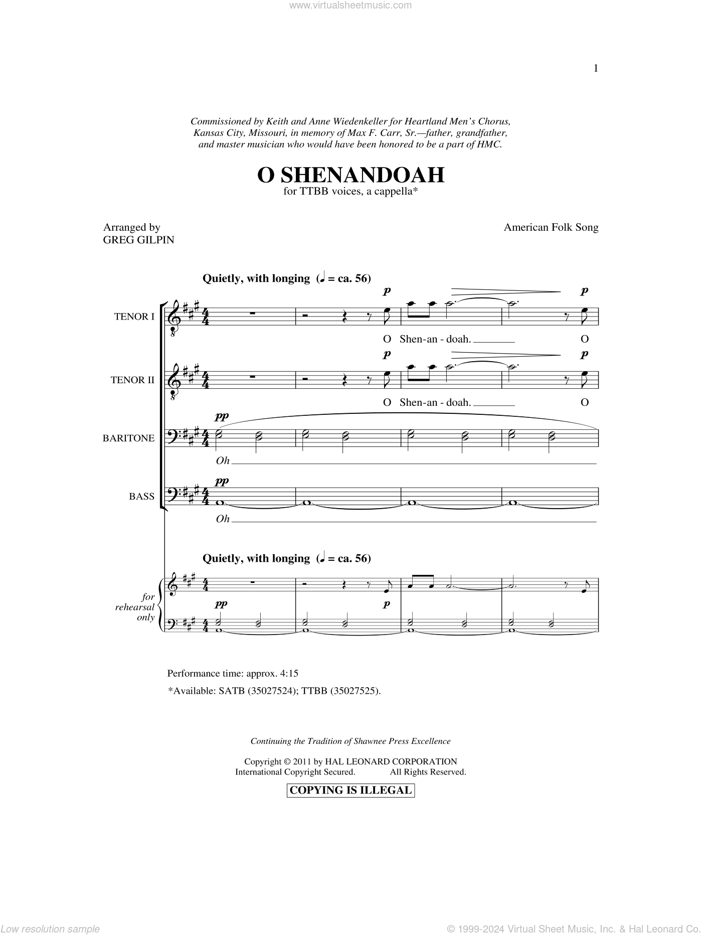 Greg Gilpin: Shenandoah sheet music for choir (TTBB: tenor, bass)