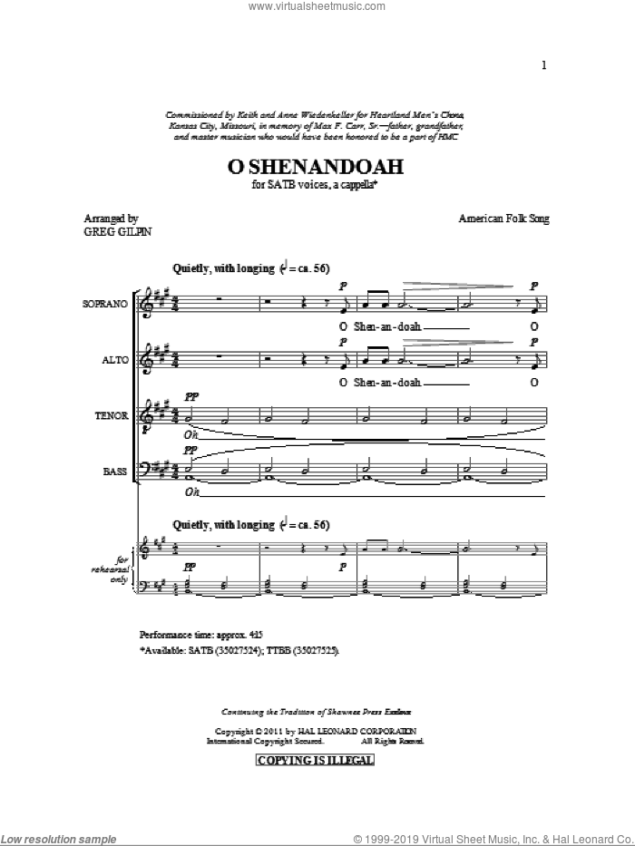 Shenandoah sheet music for choir (SATB: soprano, alto, tenor, bass)