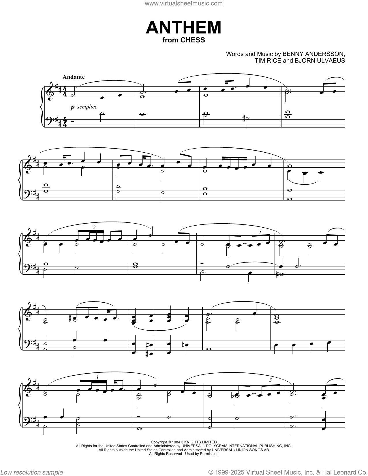 Anthem (from Chess) (Peaceful Piano Solo) sheet music (PDF)