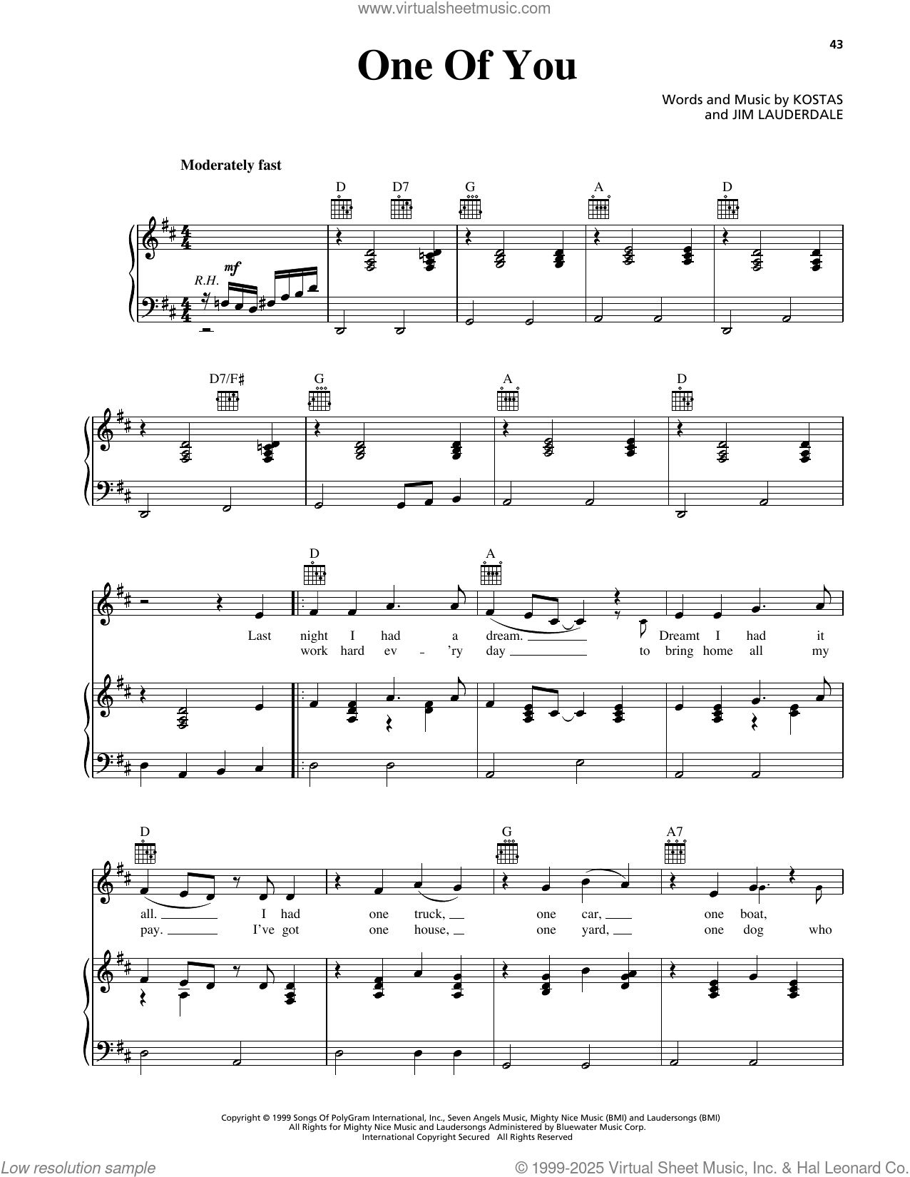 One Of You sheet music for voice, piano or guitar (PDF)