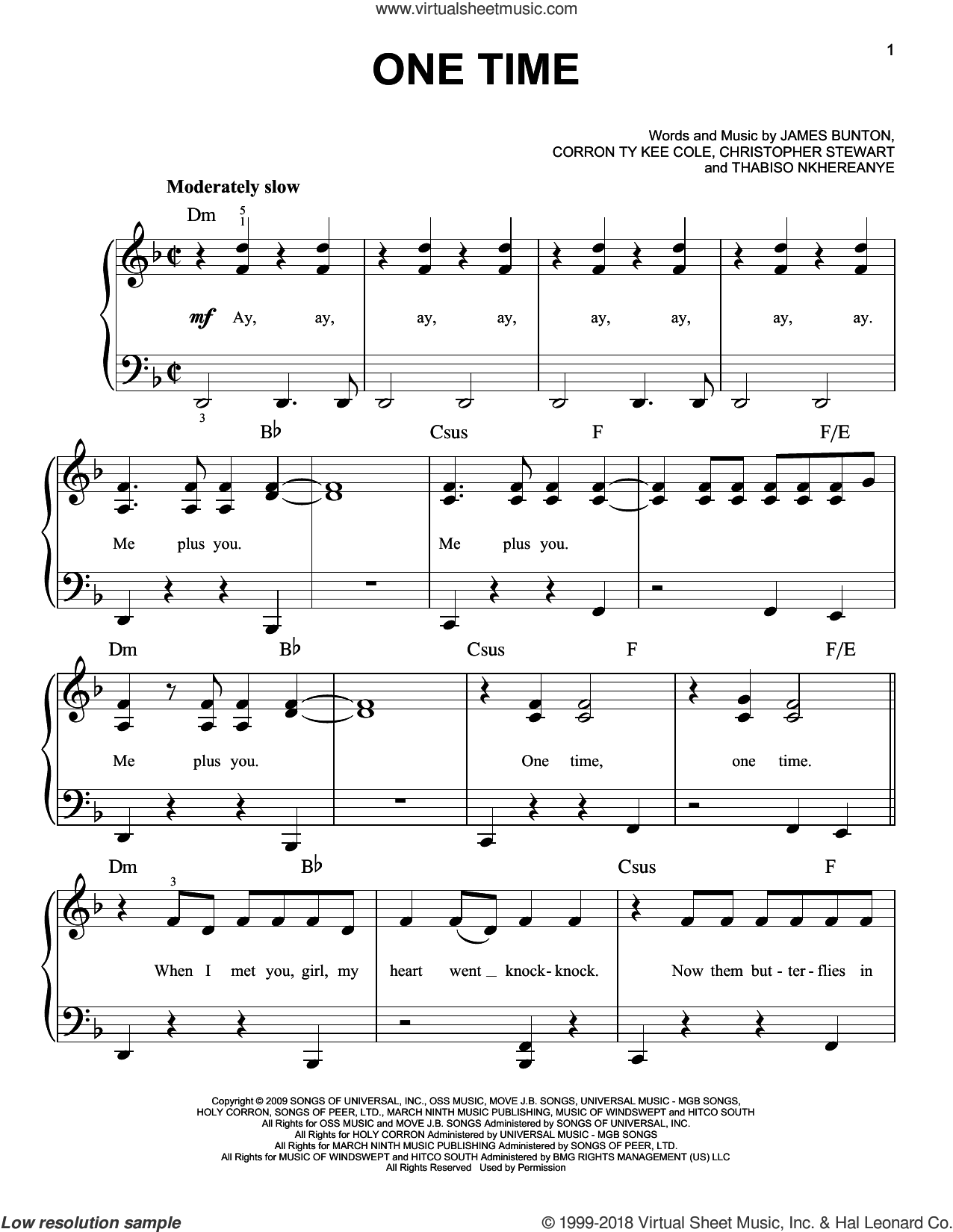 One Time sheet music for piano solo (PDF-interactive)