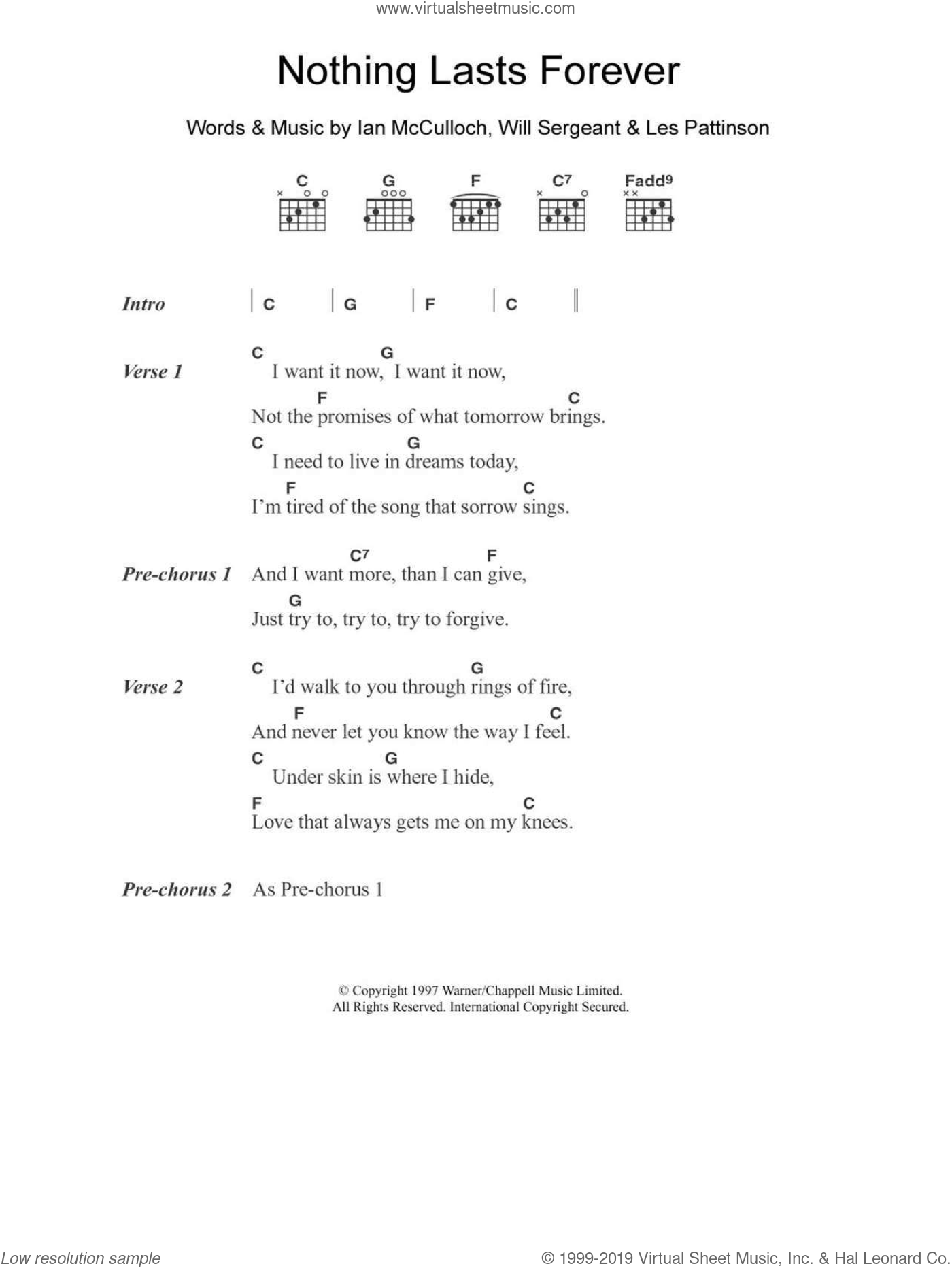 Bunnymen Nothing Lasts Forever Sheet Music For Guitar Chords