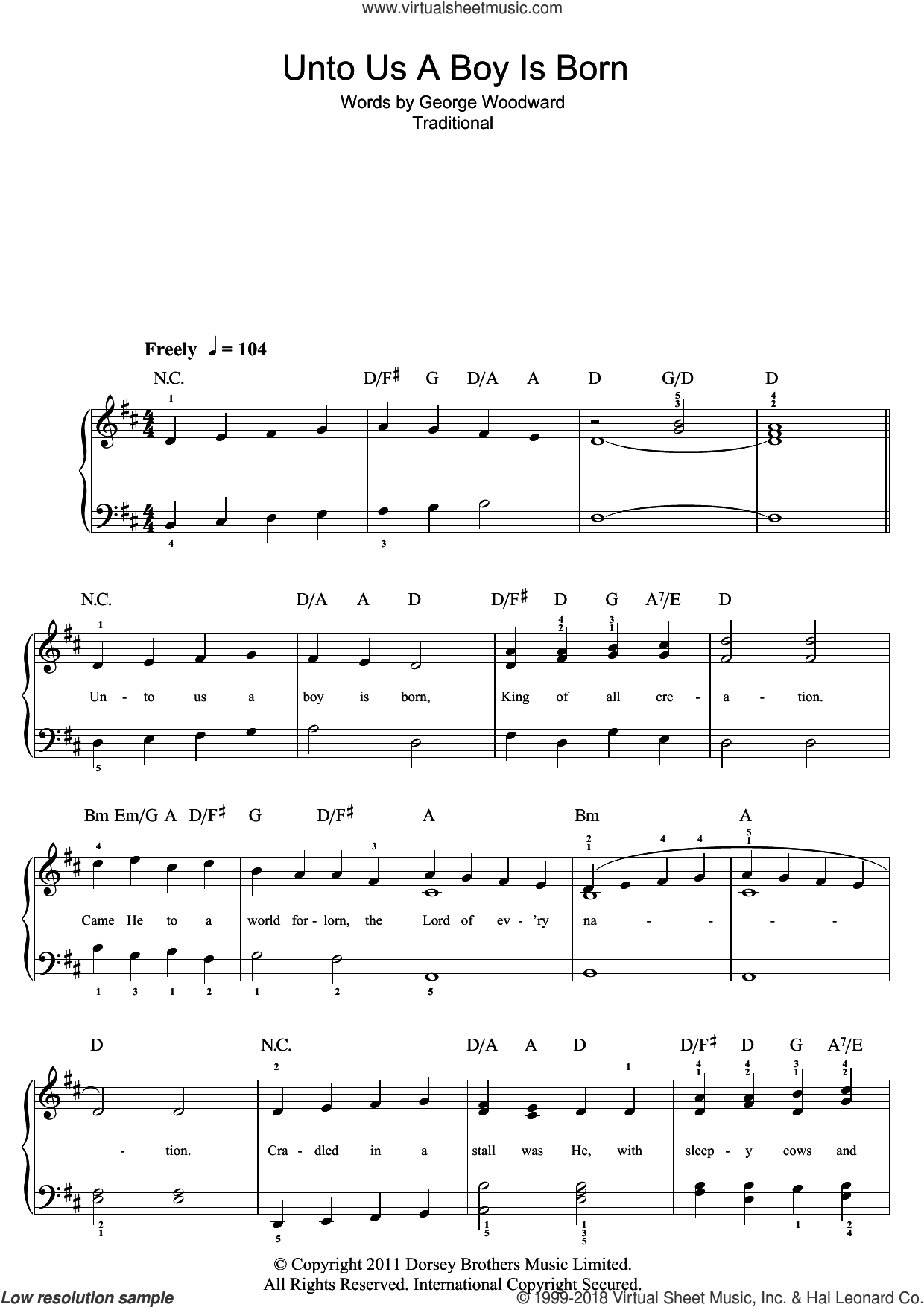 Unto Us A Boy Is Born sheet music for piano solo (beginners) v2