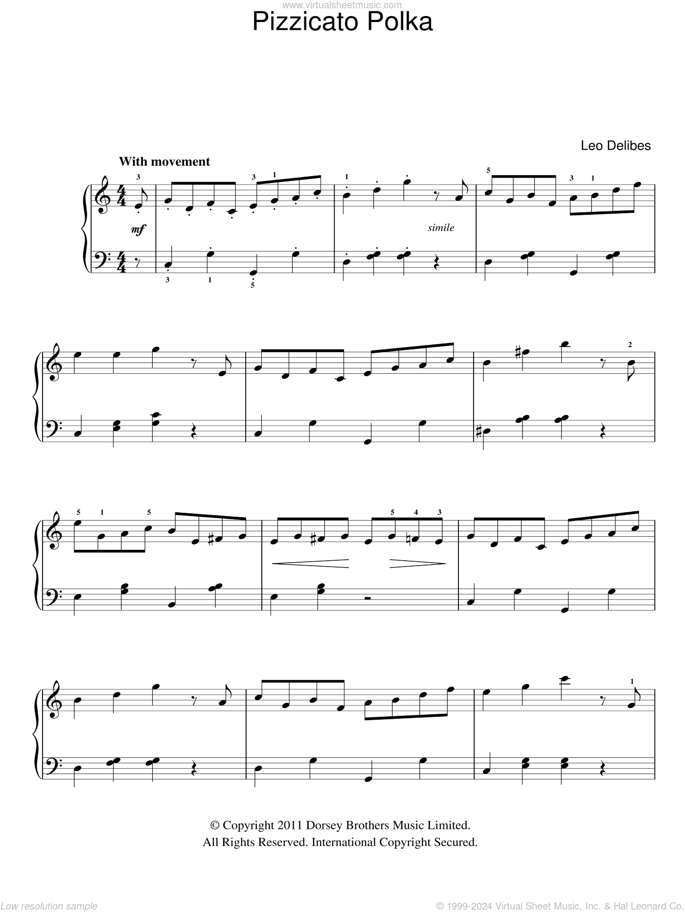 Pizzicato Polka from Sylvia sheet music easy for piano solo