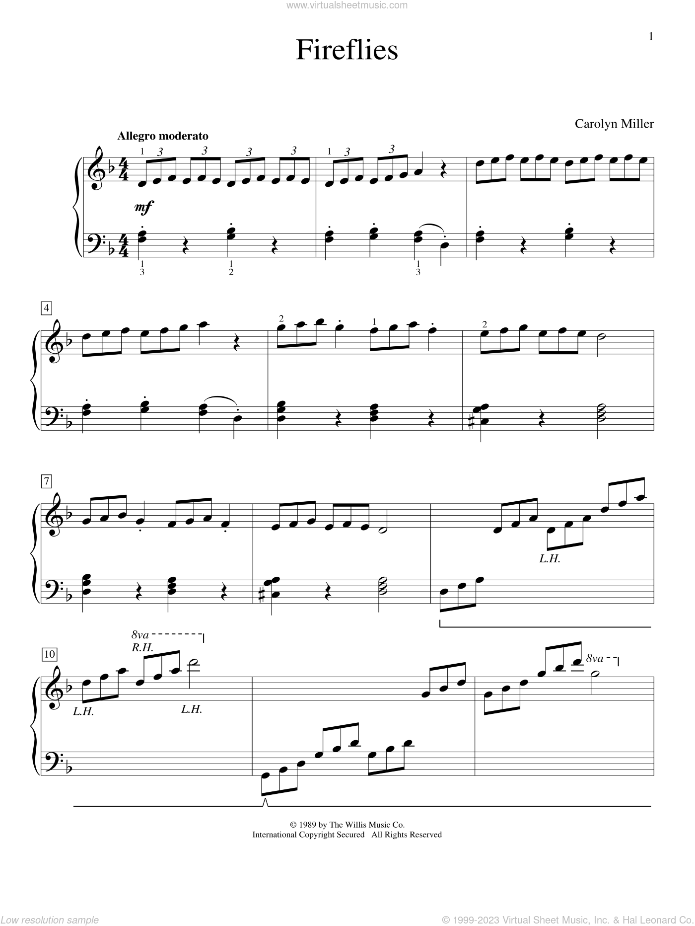 Miller - Fireflies sheet music for piano solo (elementary) (PDF)