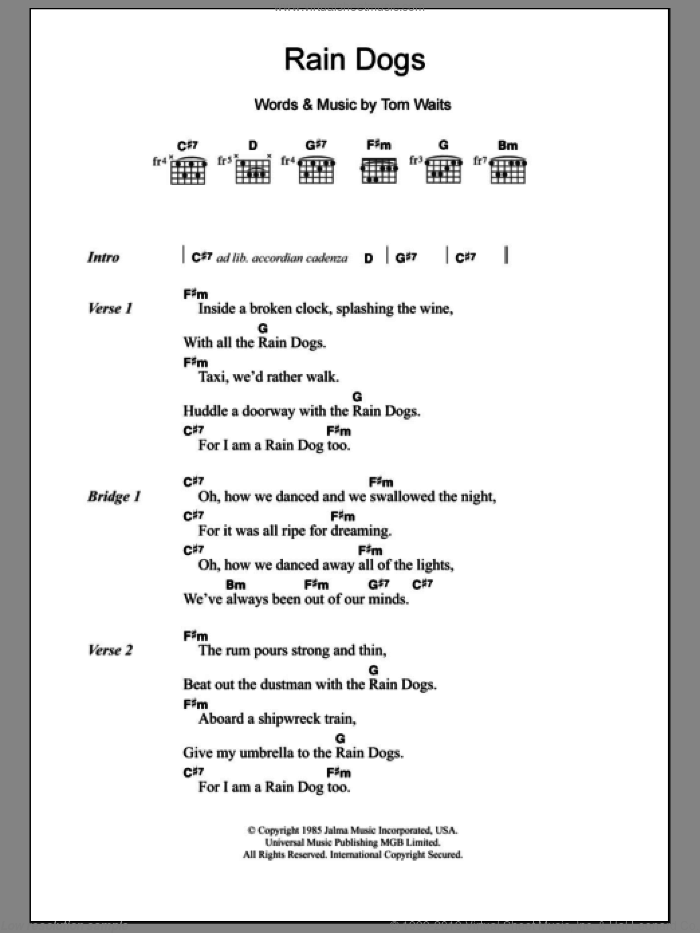 Rain Dogs sheet music for guitar (chords) (PDF)