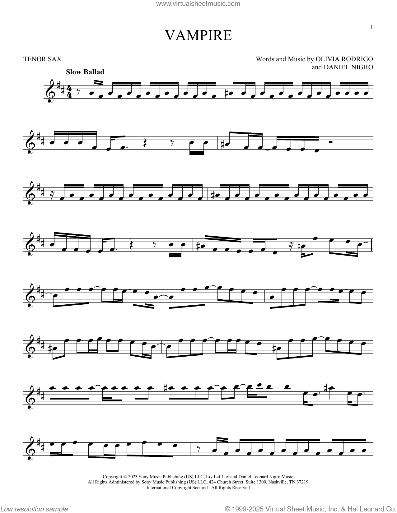vampire sheet music for tenor saxophone solo (PDF-interactive)