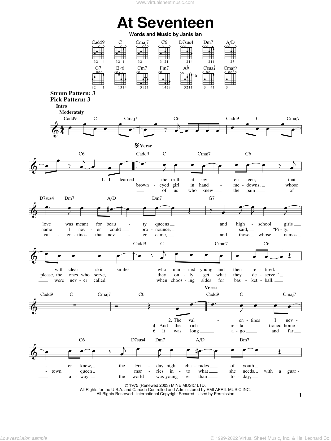 At Seventeen sheet music for guitar solo (chords) (PDF)