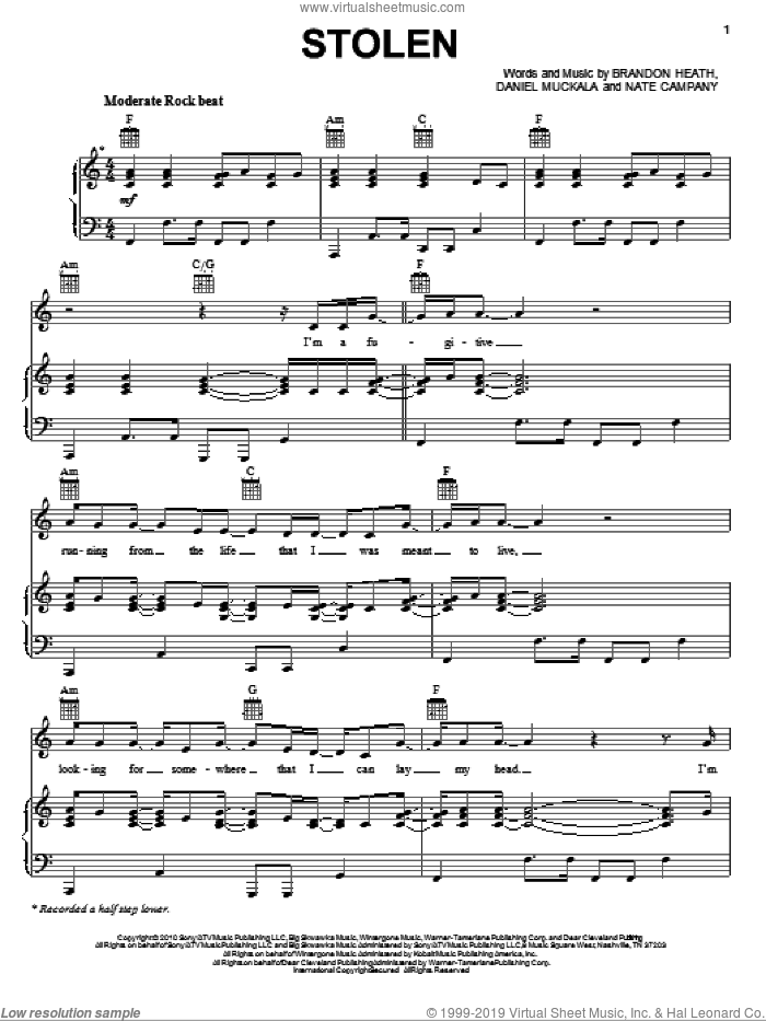 Brandon Heath: Stolen sheet music for voice, piano or guitar