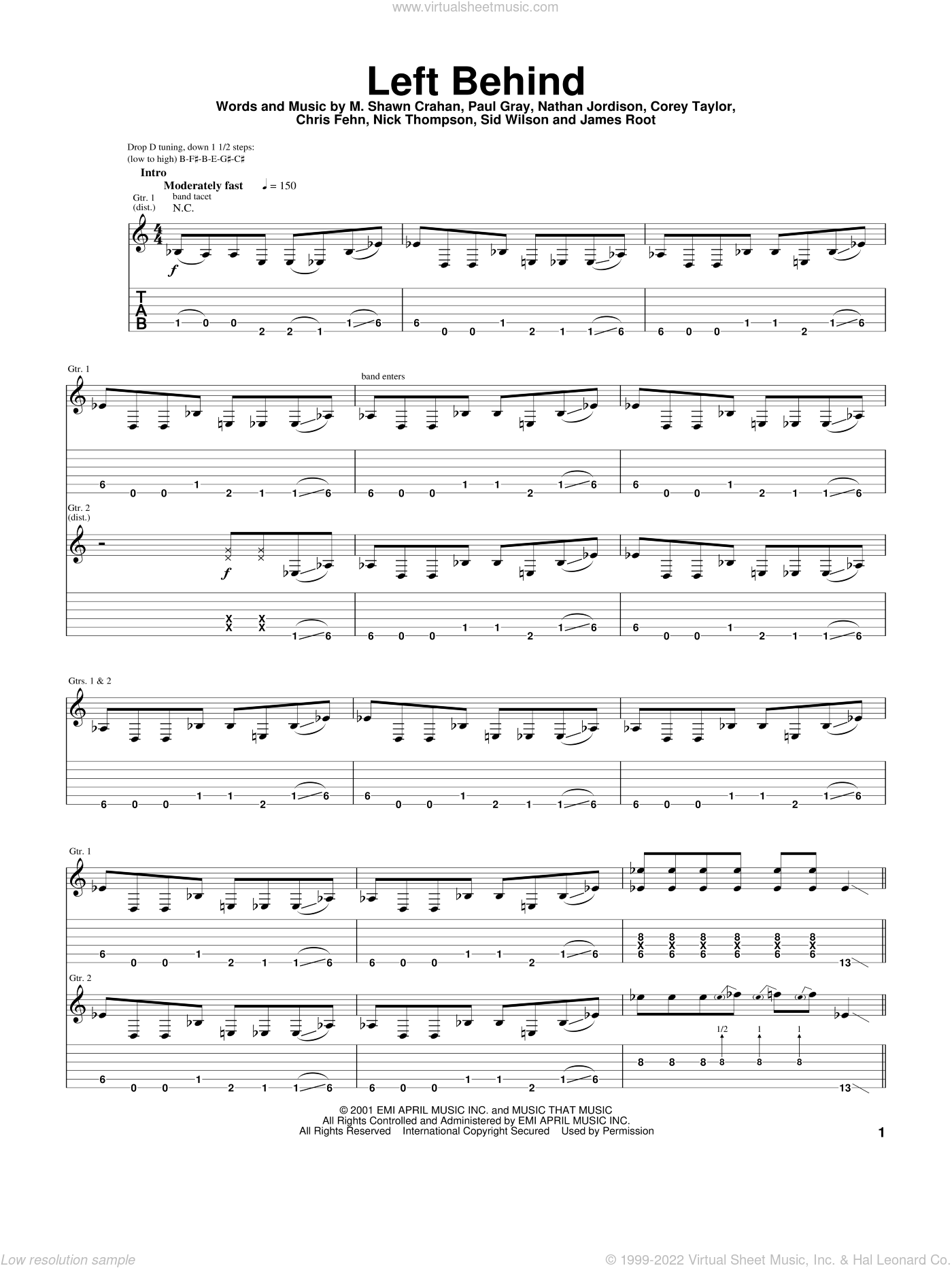 Slipknot - Left Behind Sheet Music For Guitar (Tablature) [PDF]