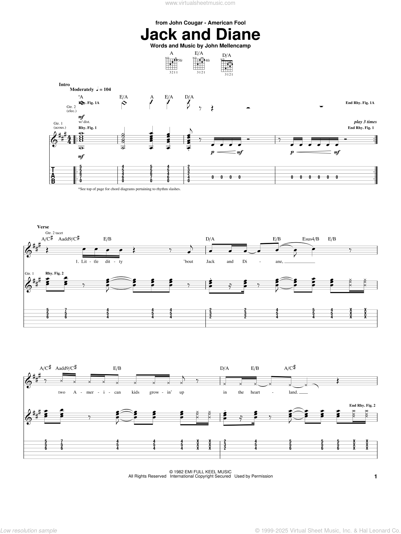 Jack And Diane sheet music for guitar (tablature) (PDF)