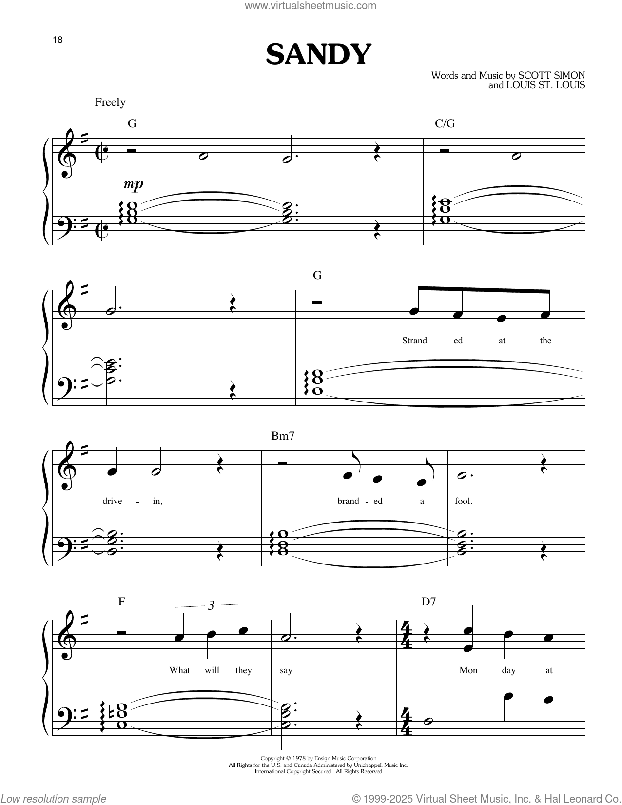 Sandy (from Grease) sheet music for piano solo (big note book)