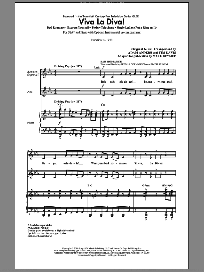 Brymer Viva La Diva Medley Featuring Songs From Glee Sheet Music For Choir Ssa Soprano Alto