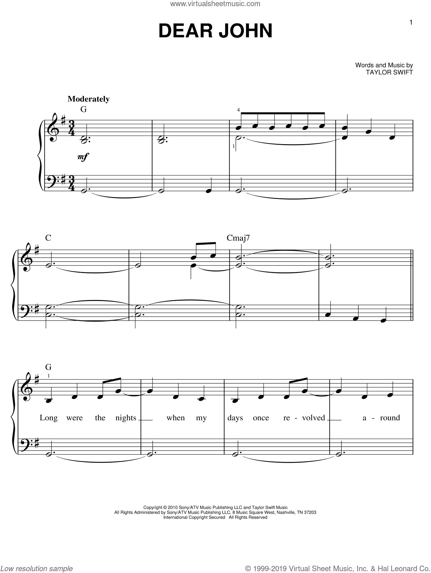 Swift Dear John Sheet Music For Piano Solo Pdf Interactive