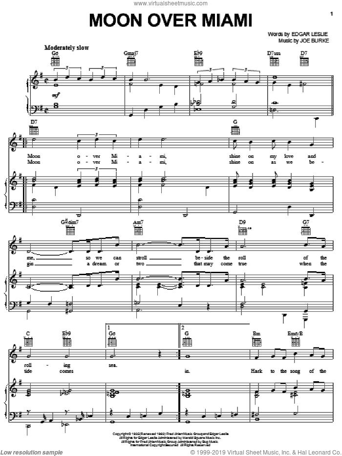 Moon Over Miami sheet music for voice, piano or guitar (PDF)