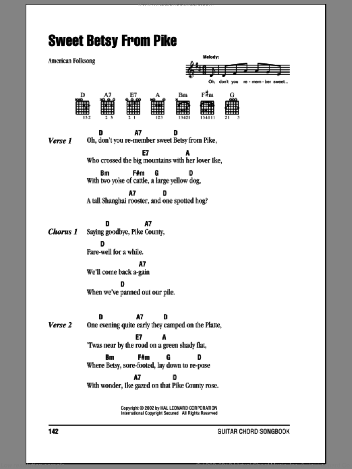 Sweet Betsy From Pike sheet music for guitar (chords) (PDF)