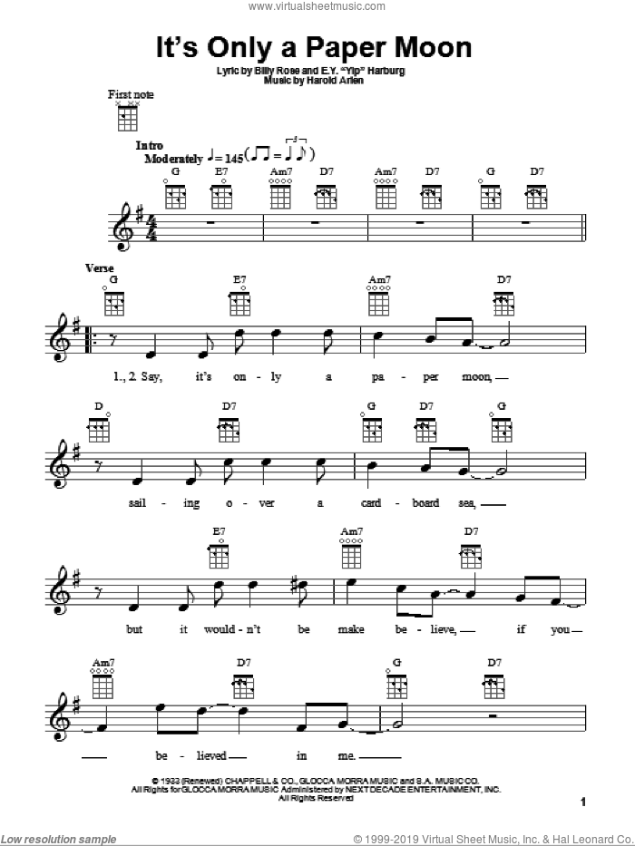 Harburg It S Only A Paper Moon Sheet Music For Ukulele Pdf