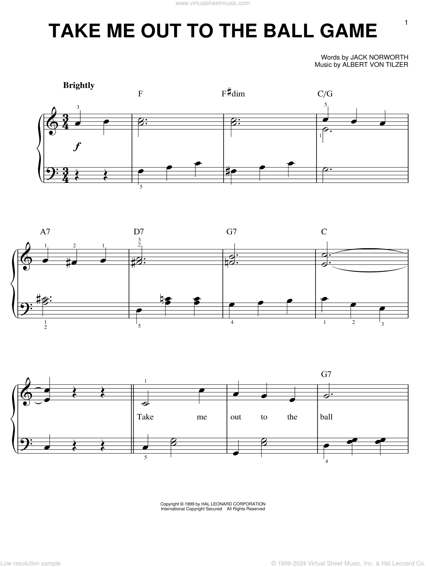 Take Me Out to the Ball Game: free easy piano sheet music