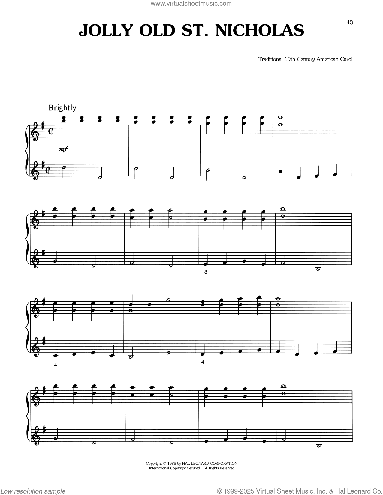 Jolly Old St. Nicholas sheet music (intermediate) for piano solo