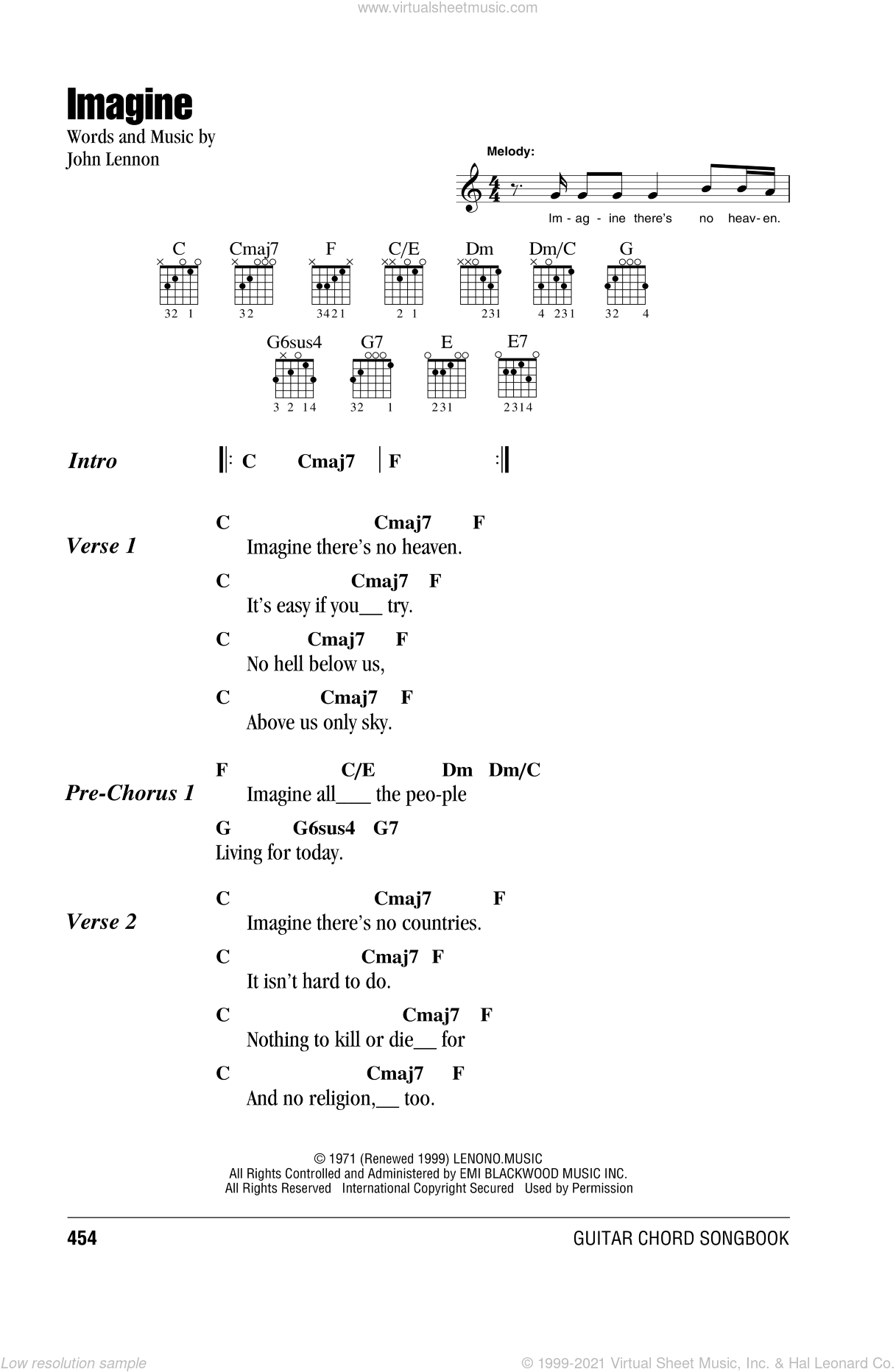 Lennon - Imagine sheet music for guitar (chords) PDF