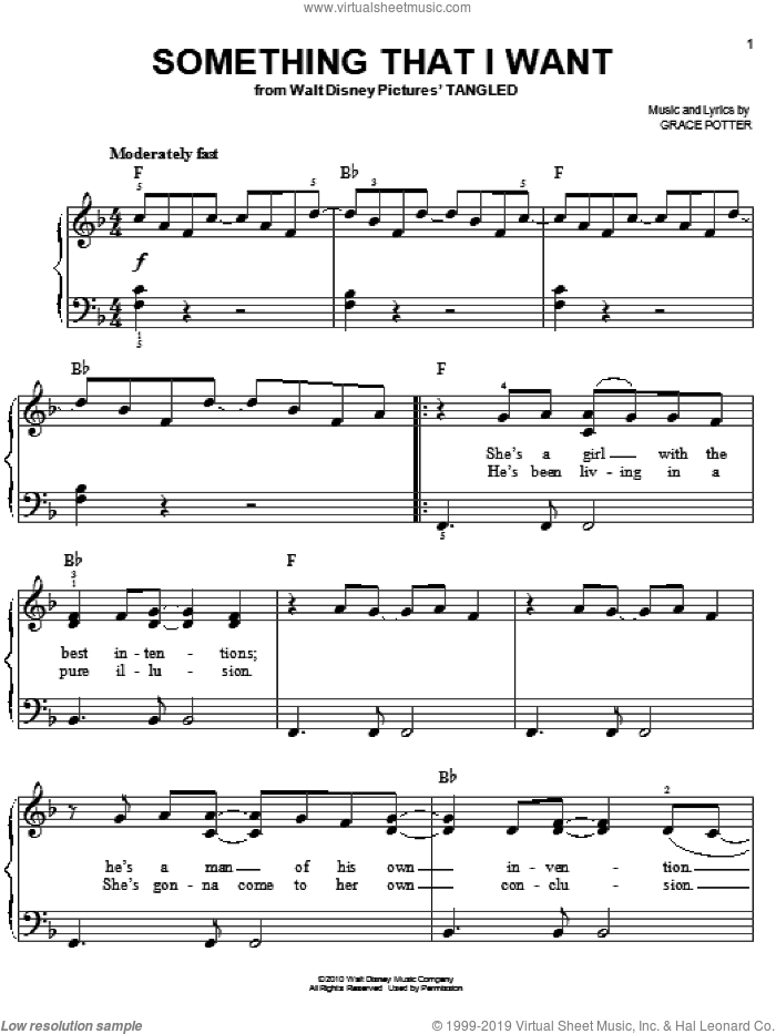 Grace Potter: Something That I Want (from Disney's Tangled) sheet music for  piano solo