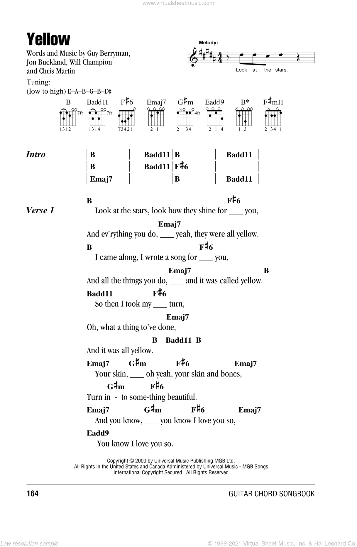 Coldplay Yellow sheet music for guitar (chords) [PDF]