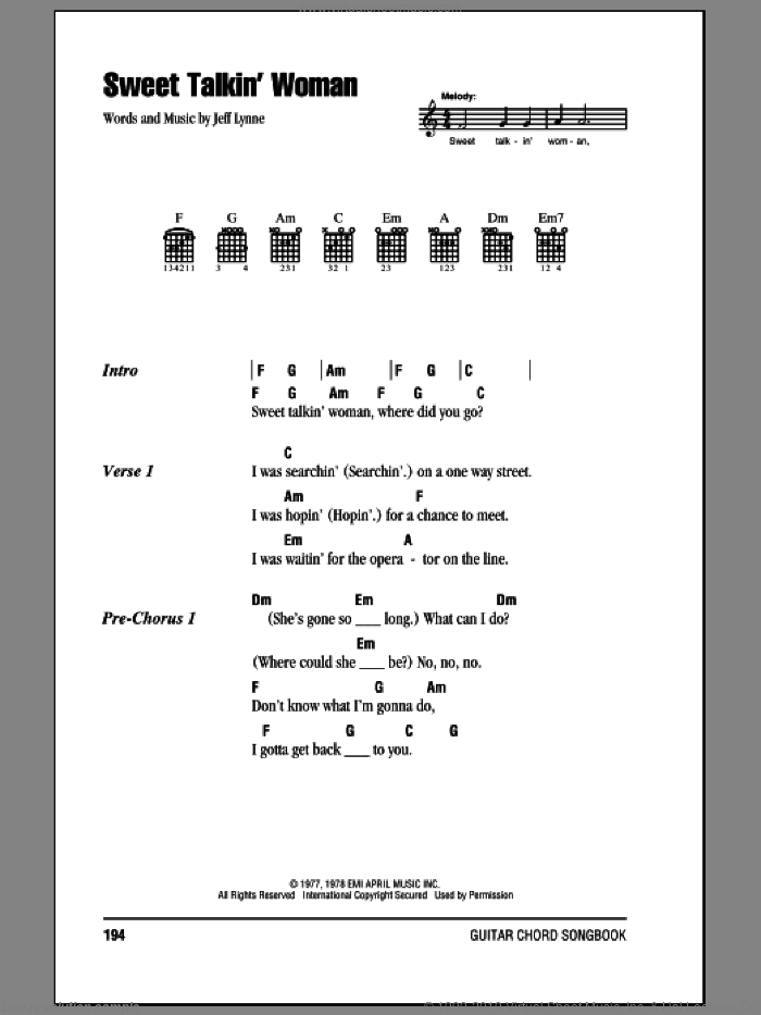 Orchestra Sweet Talkin Woman Sheet Music For Guitar Chords - 