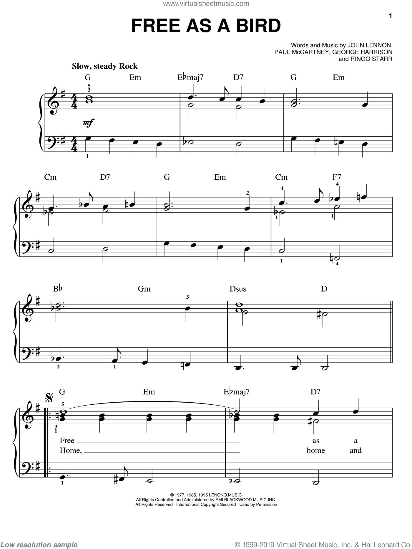 Beatles Free As A Bird Sheet Music For Piano Solo Pdf
