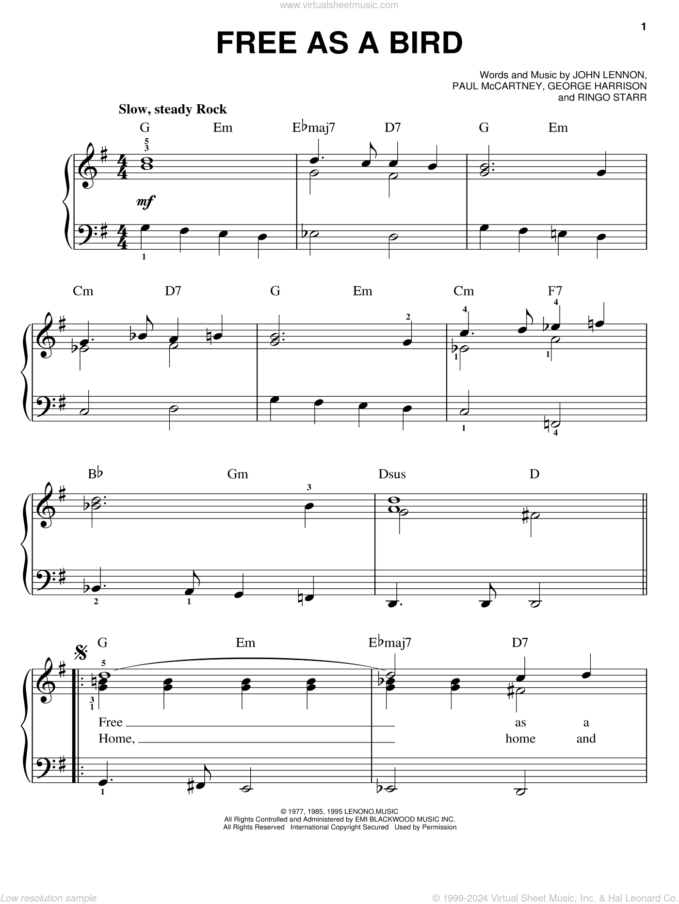 Free As A Bird sheet music for piano solo (PDF-interactive)
