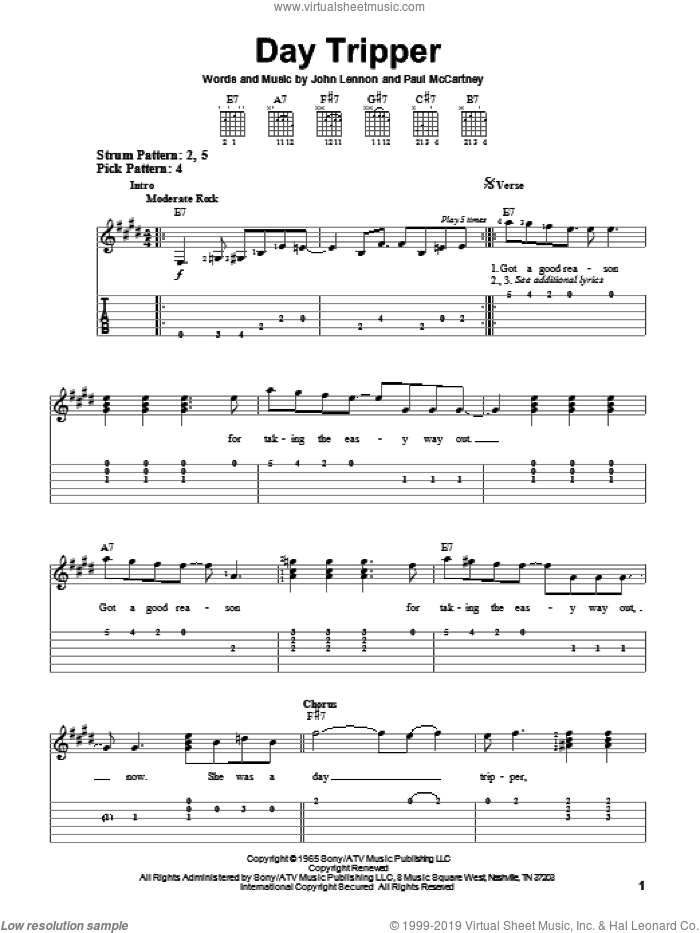 Beatles - Day Tripper Sheet Music (easy) For Guitar Solo (easy Tablature)