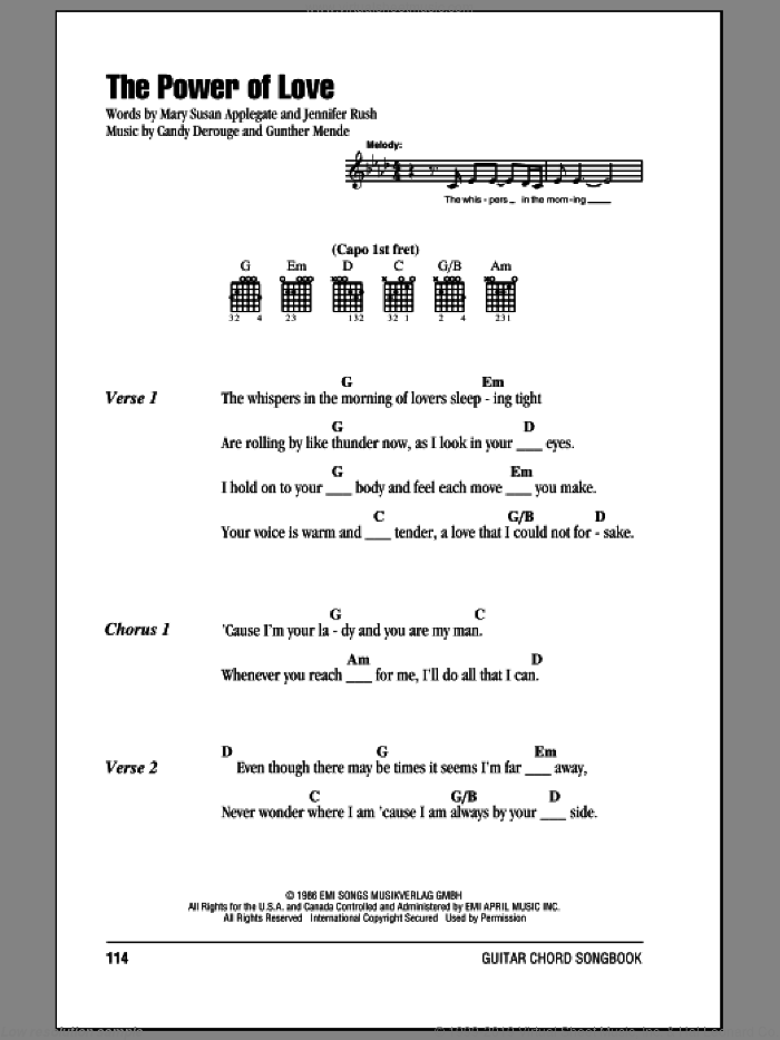 Dion - The Power Of Love sheet music for guitar (chords) PDF