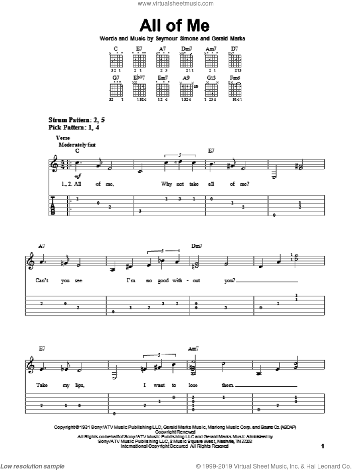 All Of Me sheet music for guitar solo (easy tablature) (PDF)