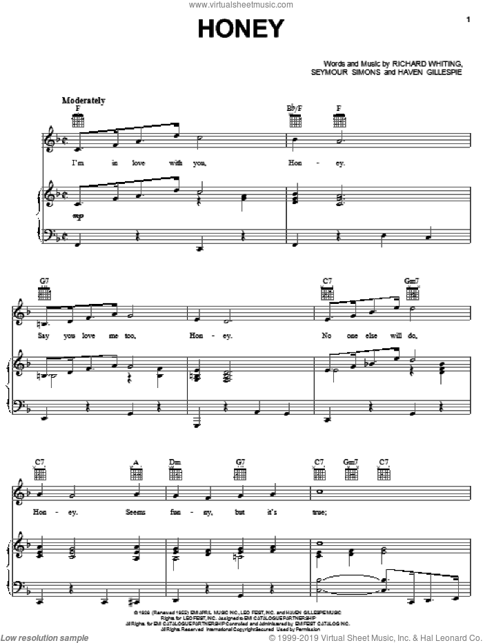 Nat King Cole: Honey sheet music for voice, piano or guitar (PDF)