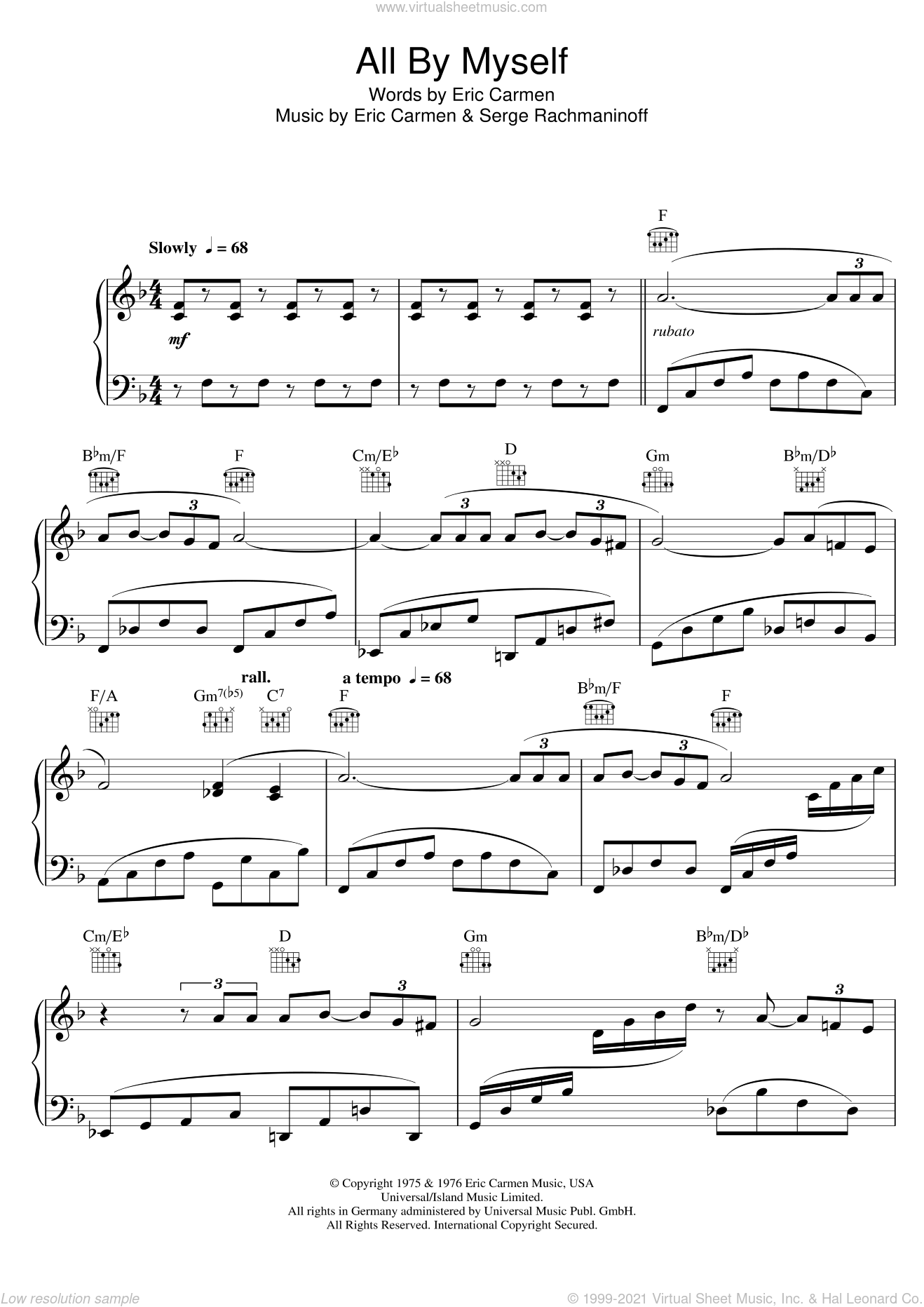 Dion - All By Myself sheet music for piano solo [PDF]