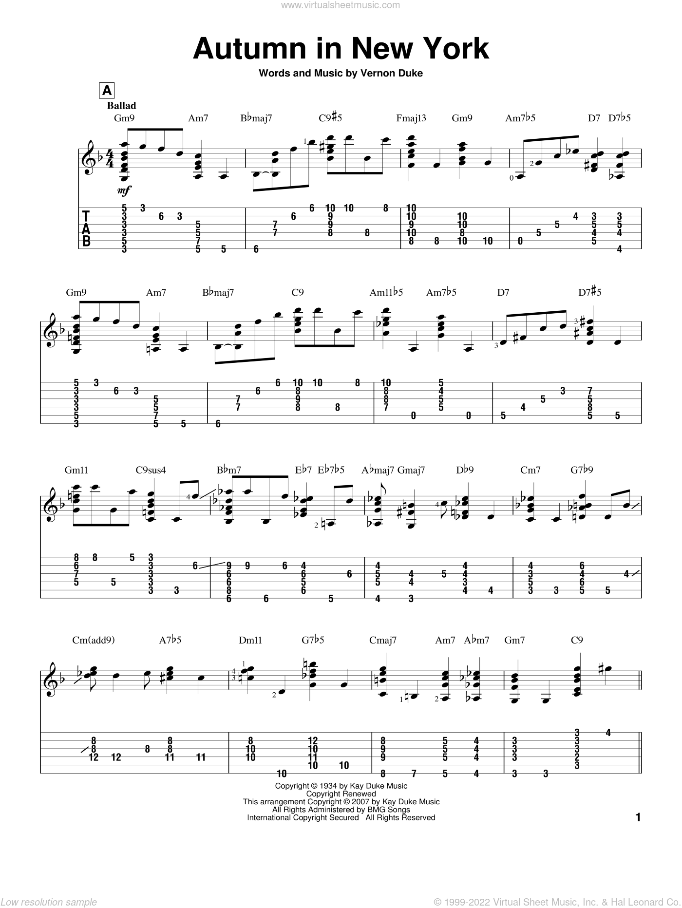 Duke Autumn In New York Sheet Music Intermediate For Guitar Solo