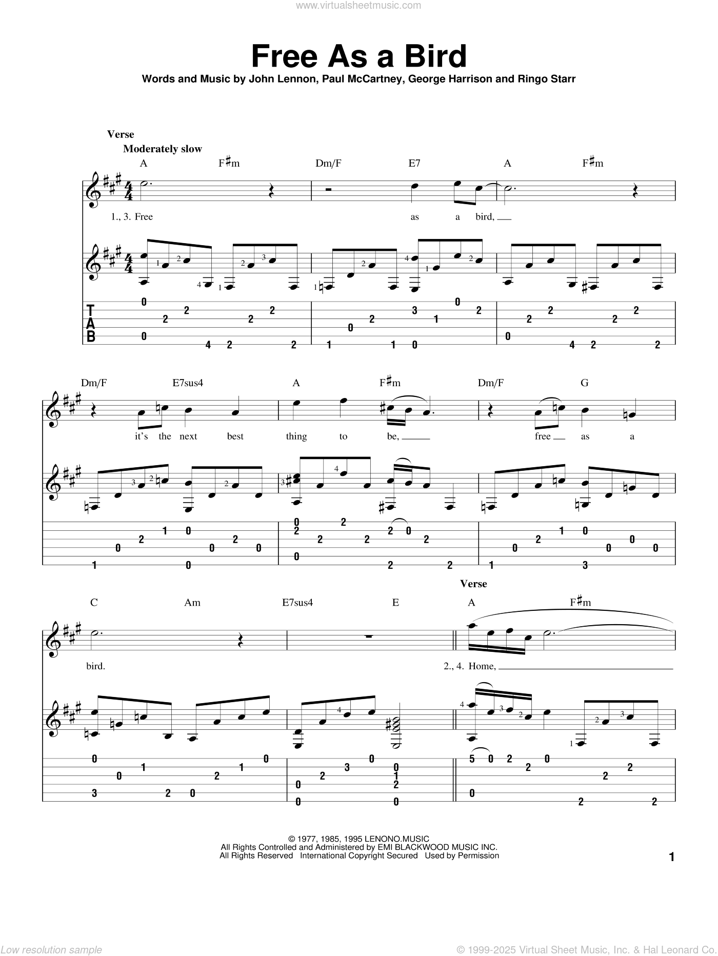 Free As A Bird sheet music for guitar solo (PDF)