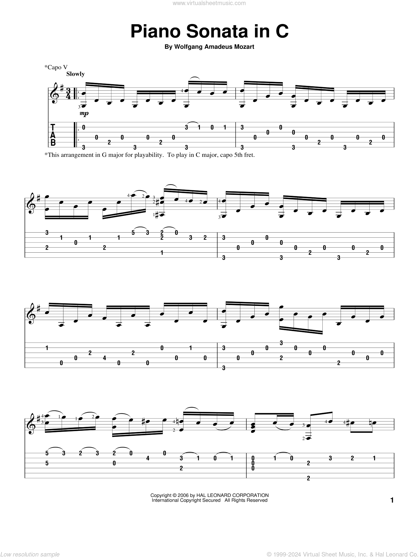 Mozart: Piano Sonata In C sheet music for guitar solo (PDF)