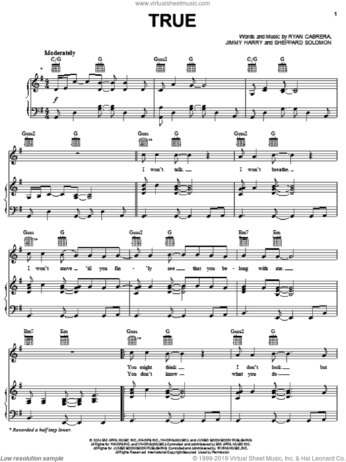 True Sheet Music For Voice, Piano Or Guitar (pdf-interactive)