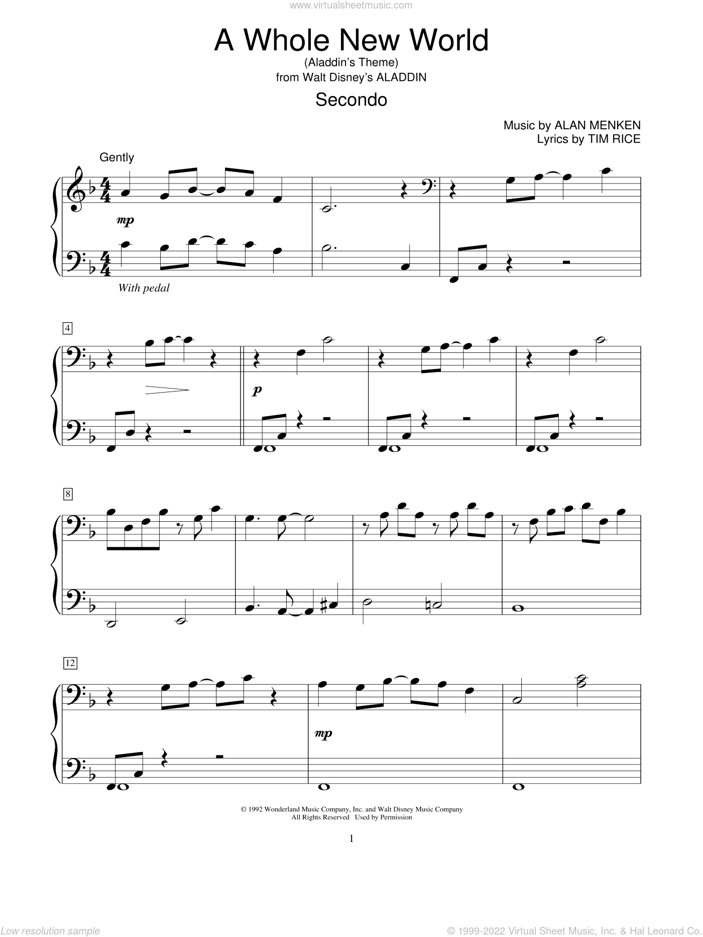 Menken A Whole New World Aladdin S Theme Sheet Music For Piano Four Hands V2