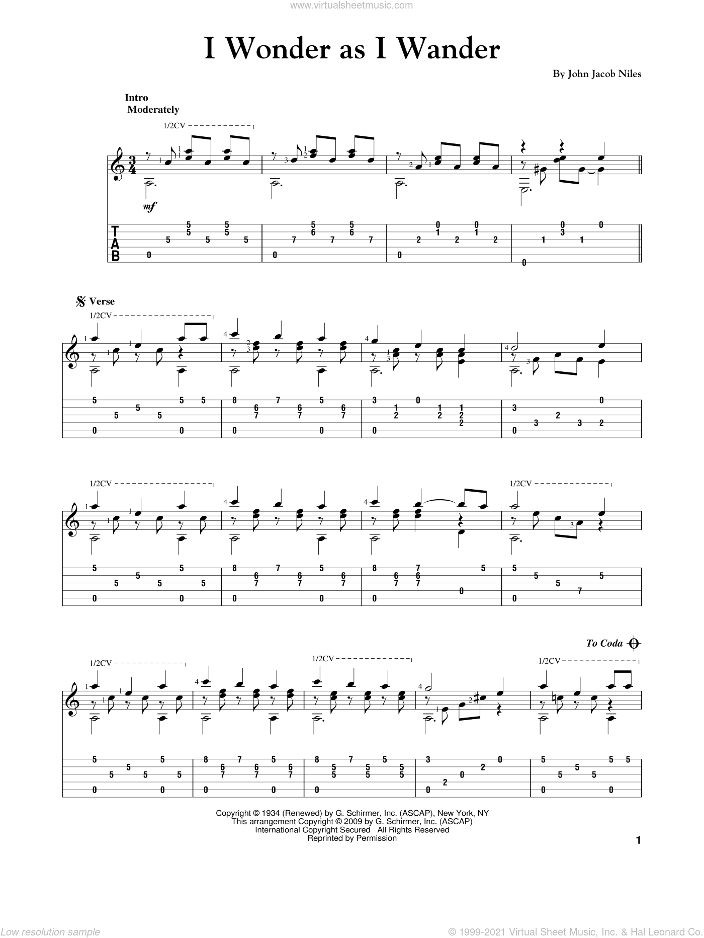 I Wonder As I Wander sheet music (intermediate) for guitar solo
