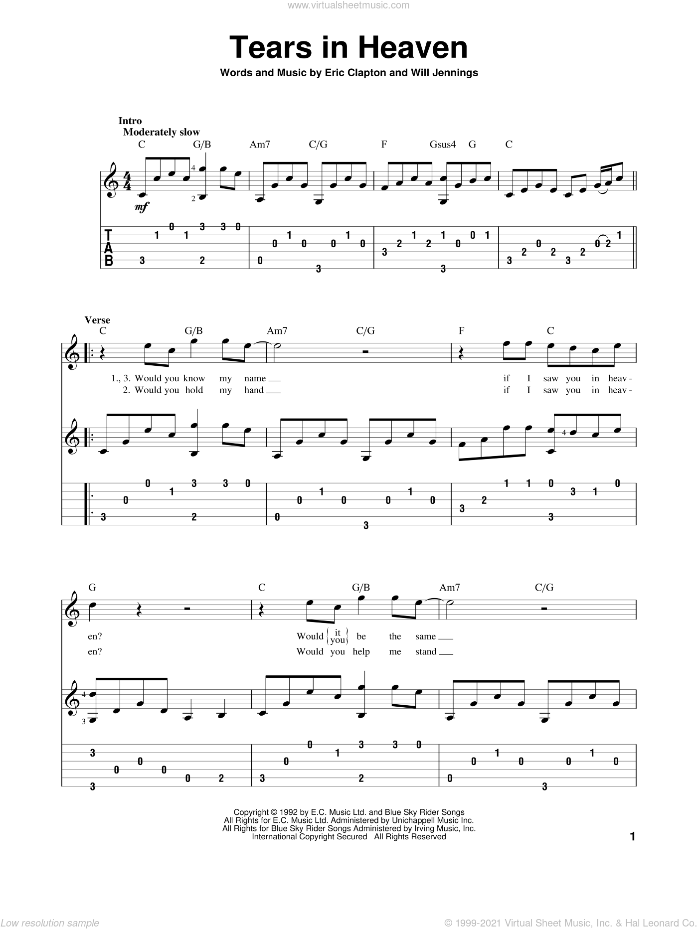 Clapton Tears In Heaven Intermediate Sheet Music For Guitar Solo