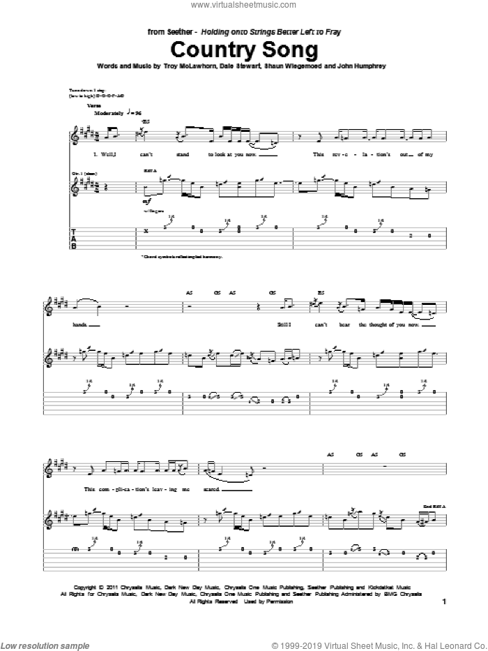 Seether - Country Song Sheet Music For Guitar (Tablature) [PDF]